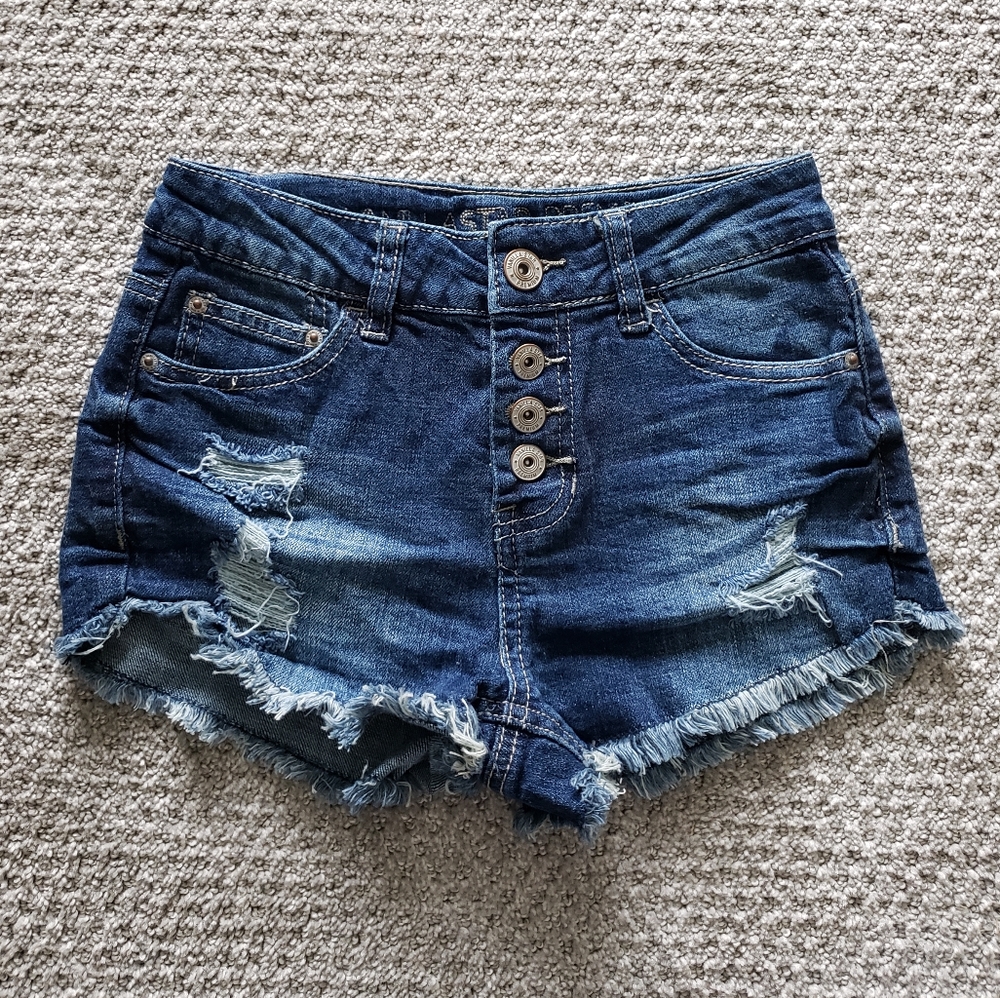Button Up Distressed Jean Shorts